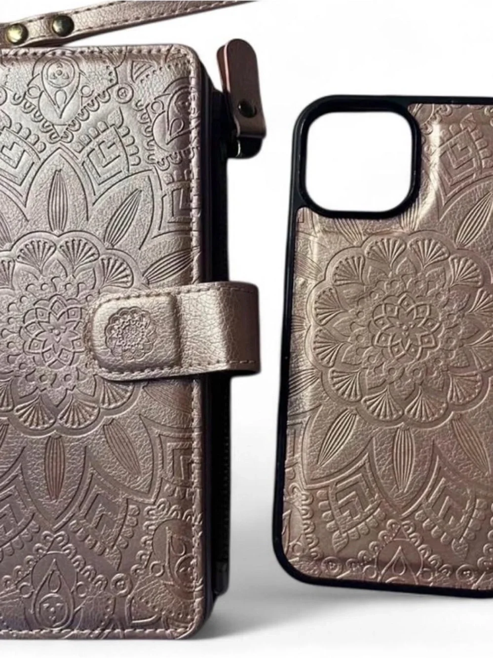 Leather-Style Embossed Floral Wallet iPhone 13 Case - Rose Gold